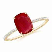 ANGARA Thin Shank Cushion Ruby Ring with Diamond Accents for Women in 14K Gold - £2,200.43 GBP