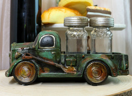 Old Fashioned Vintage Green Pickup Truck Figurine Holder W/ Salt Pepper Shakers - £23.17 GBP
