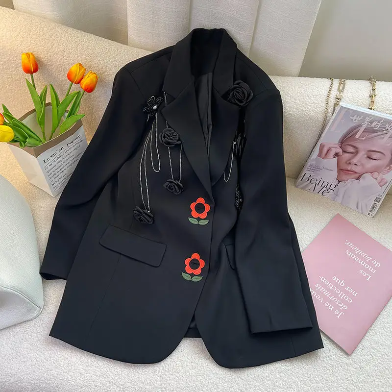 Korean   Autumn 3D Flower Black Blazers Jacket Office Lady Women Clothes Retro S - £152.88 GBP