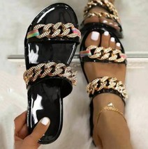 Women&#39;s Patent Leather Metal Chain Flat Summer Slip On Comfy Sandals Siz... - £30.17 GBP