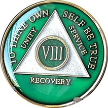 8 Year AA Medallion Metallic Green Tri-Plate Gold Plated Chip VIII - £13.75 GBP