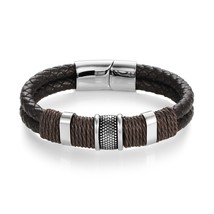 Fashion Braided Leather Bracelet Men&#39;s Stainless Steel Magnetic Clasp Doublelaye - £11.87 GBP