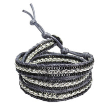 Rocking Black Metal Chain Snake Cord Rope Triple Wrap Bracelet - £18.03 GBP