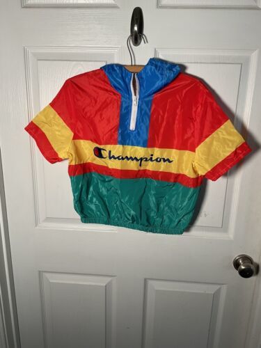Primary image for Vintage Color Block Champion Shortsleeve Hoodie XL Rainbow