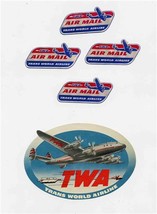 TWA Luggage Sticker &amp; 4 TWA Air Mail Stickers Trans World Airlines  - $23.76