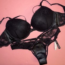Victoria&#39;s Secret 36B Bra Set M Panty Strappy Black Fishnet Lace Faux Leather - £70.05 GBP