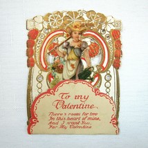 Vintage Valentine Pop 3D Die Cut Victorian Girl Flower Gardener Red Gold Germany - £15.92 GBP
