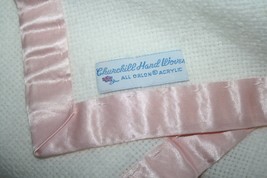 Churchill Handwoven Baby Girls Rose Buds Blanket White Pink Satin Trim Stitched - £68.28 GBP