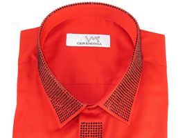 Men CEREMONIA Formal Shirt Rhinestone 100% Cotton Turkey #stn 28 tsb Red Fancy image 2