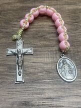 Vintage St Hugh Pray For Us Inri Crucifix Hand Beaded Pink Beads Rosary KG - $9.89