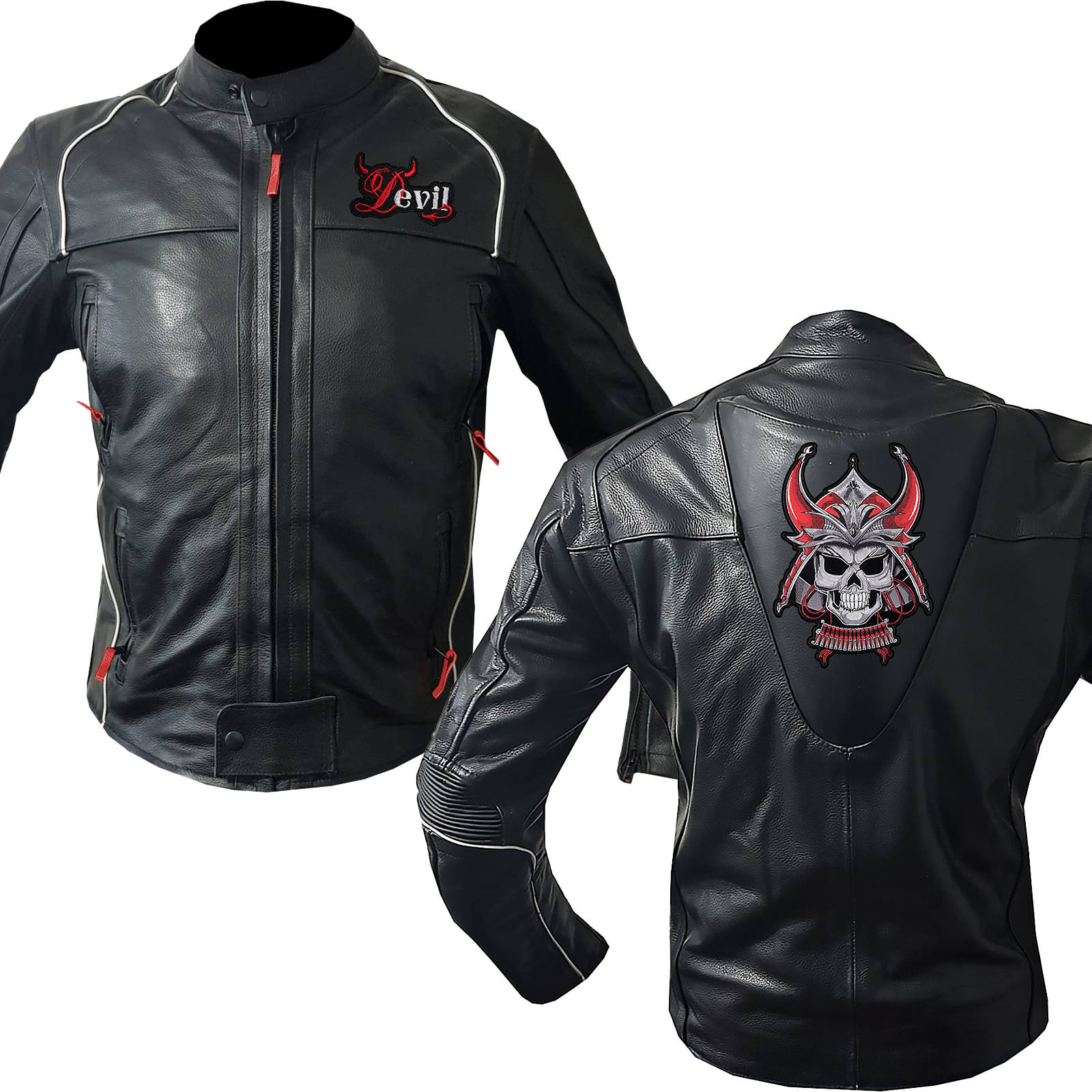 Fiery Edge: Devilishly Stylish Leather Jacket Graphic. Protective Cowhide Gear - $219.99