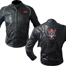 Fiery Edge: Devilishly Stylish Leather Jacket Graphic. Protective Cowhid... - $219.99