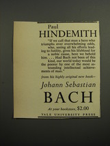 1952 Yale University Press Book Ad - Johann Sebastian Bach by Paul Hindemith - £14.78 GBP