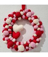 Valentines Wool Red Pink Ivory Heart Ball Wreath Home Wall Decor - $44.54
