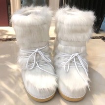 Winter Snow Boots Women Ski Boots Fluffy Hairy Lace Up Middle Calf Platform Flat - £75.52 GBP