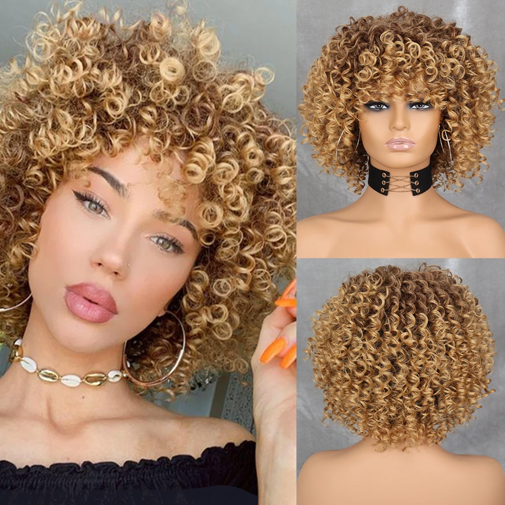 WERD Curly Afro Blonde Wig With Bangs Shoulder Length Wigs Afro Kinkys Wi - £13.93 GBP+