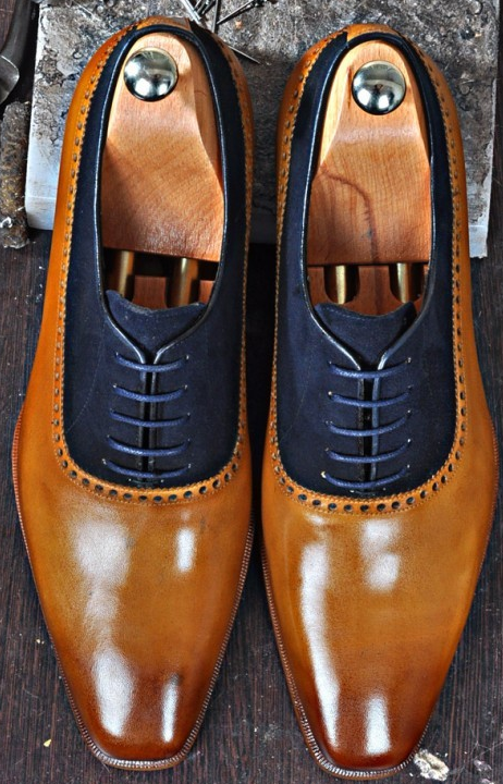 Men Tan Color Blue Suede Pointed Toe Derby Lace Up Genuine Leather Shoes US 7-16