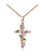 Cross Flower Rhinestone Pendant Necklace Fashion Gold Color Green Leaf W... - $11.89