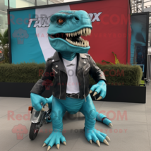 Turquoise T Rex mascot costume character dressed with a Moto Jacket and Earrings - £972.27 GBP