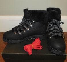 J.Crew Sz 7 Nordic Hiking Boots Black Leather Faux Fur Shoes (2 Laces) $... - £56.17 GBP