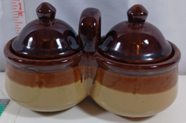 Vintage Brown And Tan Pottery jelly jars both have lids very nice - $14.85