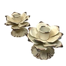 Distressed Cream Metal Taper Candle Holders Cottagecore Shabby Chic Flower - £19.46 GBP