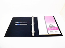 3 Ring Binder Notebook Black 1.5" 150 ct Filler Paper & 2 Blue Ink Pens Pockets - £12.50 GBP
