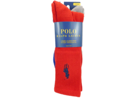 Polo Ralph Lauren Crew Socks Size 10-13 Red Gray Blue 3 Pairs Classic Sport - $24.74
