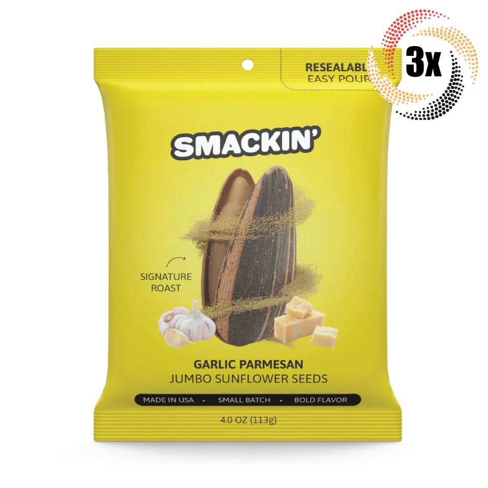 Primary image for 3x Bag Smackin' Garlic Parmesan Flavor Jumbo Sunflower Seeds | 4oz | Small Batch