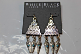 White House Black Market French Wire Earrings Silver Tone Tribal W Blue Beads - $17.79