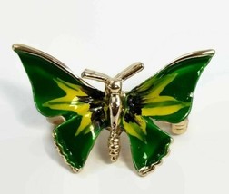 Small Butterfly Brooch Silver Tone Green and Yellow - £11.62 GBP