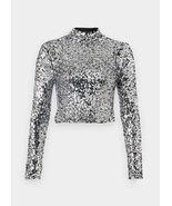 new $99 DKNY Silver SEQUINS BLOUSE sz S Crop Top Long Sleeve glamour shi... - $39.50