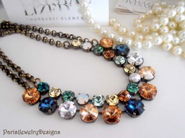 Brown Multi-color Crystal Rivoli Tennis Necklace / Layering Boho Jewelry - £127.60 GBP