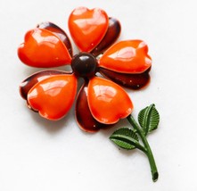 Large Vintage Enamel Flower Pin Brooch Orange Brown Green Layered 3.5 inch Size - £22.15 GBP