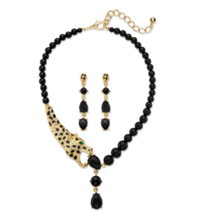 BLACK ONYX &amp; CRYSTAL LEOPARD NECKLACE AND DROP EARRINGS SET GOLDTONE - £78.09 GBP