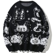 Aolamegs Sweaters Men Japanese Retro Cute Cat O-Neck Jumpers Advanced College St - £125.73 GBP