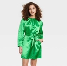 A New Day Women&#39;s Size Medium Long Sleeve Green Satin Belted A-Line Dress - £15.94 GBP