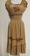 Handmade Womens Tan Ethnic Cotton Elastic Waist Dress Floral Embroidered Small - £18.09 GBP