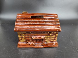 Vintage Coin Bank For Lincoln Pennies Log Cabin Brown Ceramic With Stopper - $11.64