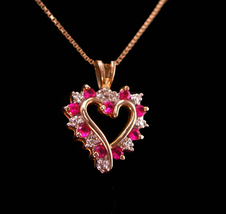 Genuine diamond ruby Necklace Heart pendant Sterling gold chain - Birthstone Jul - £107.66 GBP