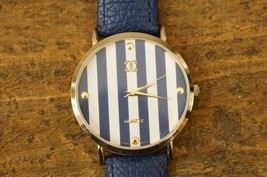 Costume Jewelry Gold Tone Blue &amp; White Stripe Face Quartz Ladies Watch 9732 - £14.66 GBP