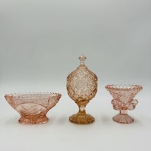 Vintage Depression Art Glass Pink Miniature Set Compote Bowl Lidded Dish  - $60.78