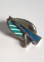 Costume Jewelry Handmade Stained Glass Leaf Brooch - Blue Elements with Mirror - £12.52 GBP