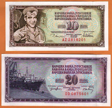 YUGOSLAVIA 1974,1978 Set UNC 20,10 Dinara/Dinarjev/Dinari Banknotes P- 8... - $1.50