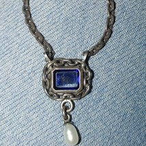 Antique Sterling Silver Pendant Necklace Blue Sapphire Center Pearl Drop... - £231.73 GBP