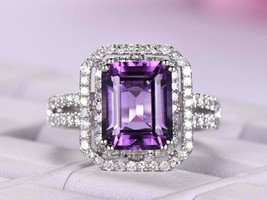 3.25Ct Emerald Cut Amethyst Double Halo Engagement Ring 14K White Gold Finish - £74.56 GBP