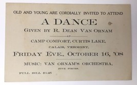 1908 Dance Invitation Ad Camp Comfort Curtis Lake Calais VT R. Dean Van ... - $25.00