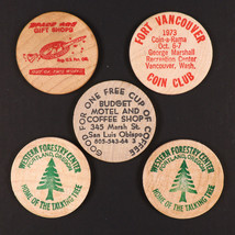 Lot of 5 Wooden Nickel Token, Souvenirs, 1970s Budget Motel, Space Age G... - $14.26