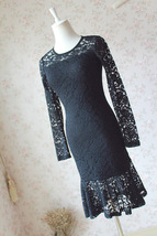 Black Lace Midi Tea Dress Women Plus Size Long Sleeve Fitted Lace Dress image 3