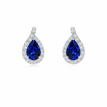 Blue Sapphire Stud Earrings with Diamond in 14K Gold (AAAA, 6x4MM) - £1,878.60 GBP